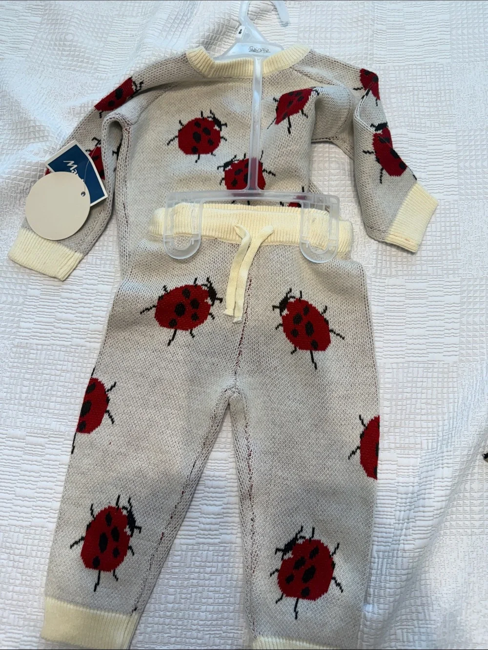 chic Cream Knit Pajama Set with Red Ladybug Print